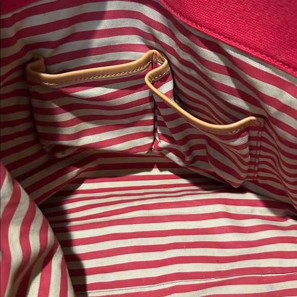 Tory Burch Large Red and Camel Brooke Canvas Tote | EUC | Striped Fabric Lining - Picture 8 of 11